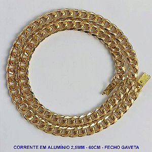 CORRENTE MASCULINA EM ALUMÍNIO ANODIZADO - COMPRIMENTO: 60CM - LARGURA 8,5MM - ESPESSURA: 2,5MM - FECHO GAVETA COM TRAVA - PESO 26,7GR - COMPOSIÇÃO: ALUMÍNIO - BRU9457