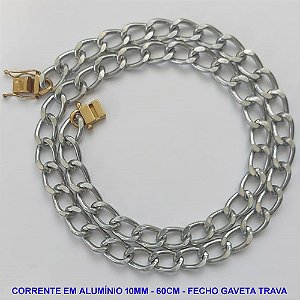 CORRENTE MASCULINA NO BRUTO PRONTO PARA O BANHO - CORRENTE EM ALUMÍNIO (A06) - COMPRIMENTO: 60CM - LARGURA 10MM - ESPESSURA: 3,2MM - FECHO GAVETA COM TRAVA DUPLA - PESO 27,7GR - COMPOSIÇÃO: ALUMÍNIO - BRU9461