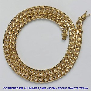 CORRENTE MASCULINA EM ALUMÍNIO ANODIZADO - COMPRIMENTO: 50CM - LARGURA 8,5MM - ESPESSURA: 2,5MM - FECHO GAVETA COM TRAVA DUPLA - PESO 24,4GR - COMPOSIÇÃO: ALUMÍNIO - BRU9479