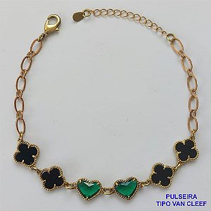 PULSEIRA NO BRUTO PRONTO PARA O BANHO - PULSEIRA TIPO VAN CLEEF COM 6 PINGENTES 11MM - TAMANHO 18CM COM FECHO LAGOSTA + EXTENSOR - PESO 5,3GR - COMPOSIÇÃO: LATÃO / VIDRO - BRU9494
