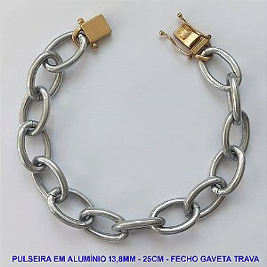PULSEIRA MASCULINA NO BRUTO PRONTA PARA O BANHO - PULSEIRA EM ALUMÍNIO (A03) - COMPRIMENTO: 25CM - LARGURA 13,8MM - FECHO BÓIA - PESO 14GR - COMPOSIÇÃO: ALUMÍNIO - BRU9506