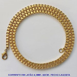 CORRENTE MASCULINA NO BRUTO PRONTA PARA O BANHO - CORRENTE EM LATÃO (C4.2) - COMPRIMENTO: 60CM - LARGURA 4,2MM - FECHO LAGOSTA - PESO 29GR - COMPOSIÇÃO: 100% LATÃO - BRU9507