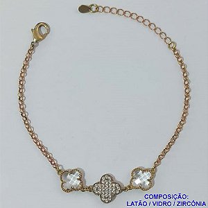 PULSEIRA NO BRUTO PRONTO PARA O BANHO - PULSEIRA TIPO VAN CLEEF COM 2 PINGENTES 11MM EM VIDRO CRISTAL E 1 PINGENTE 13MM CRAVEJADO COM MICRO ZIRCÔNIAS - TAMANHO 18CM COM FECHO LAGOSTA + EXTENSOR - PESO 4,4GR - COMPOSIÇÃO: LATÃO / VIDRO / ZIRCÔNIA- BRU9513