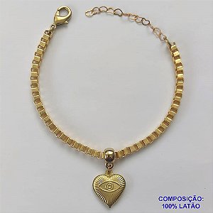 PULSEIRA NO BRUTO PRONTA PARA O BANHO - PULSEIRA EM LATÃO 4,2MM (C4.2) COM PINGENTE CORAÇÃO DUPLO COM OLHO GREGO 17MM - COMPRIMENTO: 18CM + EXTENSOR - FECHO LAGOSTA - PESO 10,9GR - COMPOSIÇÃO: 100% LATÃO - BRU9515