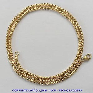 CORRENTE NO BRUTO PRONTA PARA O BANHO - CORRENTE EM LATÃO (C3.0) - COMPRIMENTO: 70CM - LARGURA 2,9MM - FECHO LAGOSTA - PESO 20.5GR - COMPOSIÇÃO: 100% LATÃO - BRU9520