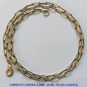 CORRENTE NO BRUTO PRONTA PARA O BANHO - CORRENTE CARTIER EM LATÃO (KDL 1.20) - COMPRIMENTO: 60CM - LARGURA 4,2MM - FECHO LAGOSTA - PESO 14.7GR - COMPOSIÇÃO: 100% LATÃO - BRU9527