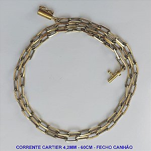 CORRENTE NO BRUTO PRONTA PARA O BANHO - CORRENTE CARTIER EM LATÃO (KDL 1.20) - COMPRIMENTO: 60CM - LARGURA 4,2MM - FECHO CANHÃO COM TRAVA - PESO 15.8GR - COMPOSIÇÃO: 100% LATÃO - BRU9530