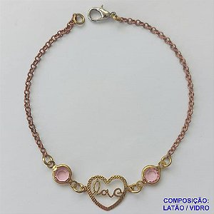 PULSEIRA NO BRUTO PRONTO PARA O BANHO - PULSEIRA COM PINGENTE CORAÇÃO VAZADO COM PALAVRA LOVE  - TAMANHO: 18CM COM FECHO LAGOSTA - PESO 2,2GR - BRU9538