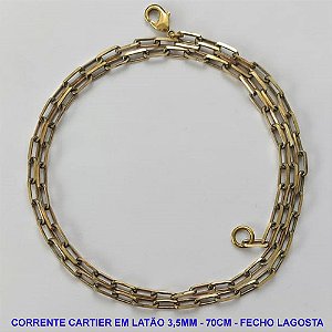 CORRENTE NO BRUTO PRONTO PARA O BANHO - CORRENTE CARTIER LONGA (KDL1.00) - COMPRIMENTO: 70CM - LARGURA 3,5MM - FECHO LAGOSTA - PESO 11,3GR - COMPOSIÇÃO: 100% LATÃO - BRU9552