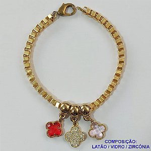 PULSEIRA NO BRUTO PRONTA PARA O BANHO - PULSEIRA EM LATÃO COM PINGENTES TIPO VAN CLEEF - COMPRIMENTO: 17CM - ESPESSURA 4MM - FECHO LAGOSTA - PESO 12,1GR - COMPOSIÇÃO: LATÃO / VIDRO / ZIRCÔNIA- BRU9569