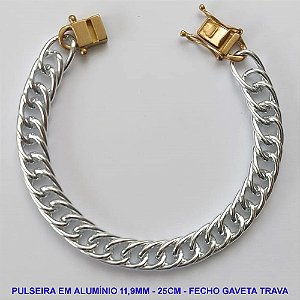 PULSEIRA NO BRUTO PRONTO PARA O BANHO - PULSEIRA EM ALUMÍNIO - COMPRIMENTO: 25CM - LARGURA 11,9MM - FECHO GATEVA COM TRAVA DUPLA - PESO 17,2GR - COMPOSIÇÃO: ALUMÍNIO - BRU9579
