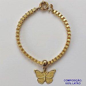 PULSEIRA NO BRUTO PRONTA PARA O BANHO - PULSEIRA EM LATÃO COM PINGENTE BORBOLETA 25MM - COMPRIMENTO: 17CM - ESPESSURA 4MM - FECHO BÓIA - PESO 10,9GR - COMPOSIÇÃO: 100% LATÃO - BRU9580