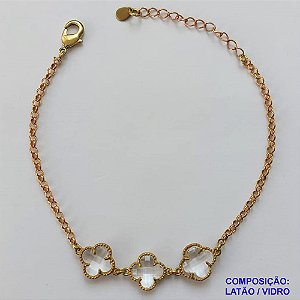 PULSEIRA NO BRUTO PRONTA PARA O BANHO - PULSEIRA TIPO VAN CLEEF COM 3 PINGENTES EM VIDRO - COMPRIMENTO: 17CM - FECHO LAGOSTA + EXTENSOR - PESO 4GR - COMPOSIÇÃO: LATÃO / VIDRO - BRU9596