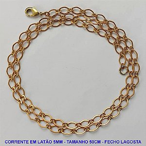 CORRENTE NO BRUTO PRONTO PARA O BANHO - CORRENTE EM LATÃO - COMPRIMENTO: 50CM - LARGURA 5MM - FECHO LAGOSTA - PESO 6,2GR - COMPOSIÇÃO: 100% LATÃO - BRU9608