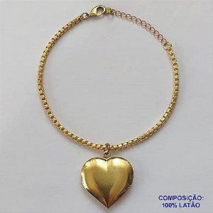 PULSEIRA NO BRUTO PRONTA PARA O BANHO - PULSEIRA EM LATÃO COM PINGENTE CORAÇÃO DUPLO 25MM (302) - COMPRIMENTO: 17CM - ESPESSURA 2,8MM - FECHO LAGOSTA - PESO 9,4GR - COMPOSIÇÃO: 100% LATÃO - BRU9613