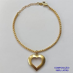 PULSEIRA NO BRUTO PRONTA PARA O BANHO - PULSEIRA EM LATÃO COM PINGENTE CORAÇÃO DUPLO VAZADO  26MM (303) - COMPRIMENTO: 17CM - ESPESSURA 2,8MM - FECHO LAGOSTA - PESO 8,4GR - COMPOSIÇÃO: 100% LATÃO - BRU9614