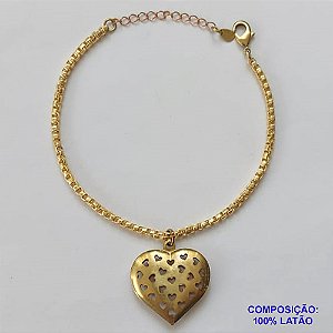 PULSEIRA NO BRUTO PRONTA PARA O BANHO - PULSEIRA EM LATÃO COM PINGENTE CORAÇÃO DUPLO COM DETALHES VAZADOS  26MM (304) - COMPRIMENTO: 17CM - ESPESSURA 2,8MM - FECHO LAGOSTA - PESO 9GR - COMPOSIÇÃO: 100% LATÃO - BRU9615