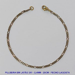PULSEIRA NO BRUTO PRONTO PARA O BANHO - PULSEIRA EM LATÃO 3X1 (3164D) - COMPRIMENTO: 20CM - LARGURA 2,4MM - FECHO LAGOSTA - PESO 1,9GR - COMPOSIÇÃO: 100% LATÃO - BRU9619