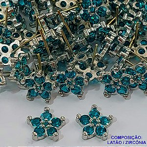 BRINCO NO BRUTO PRONTO PARA O BANHO (CX39) - BRINCO DE PINO FORMATO FLOR CRAVEJADO EM ZIRCÔNIA AZUL - TAMANHO 11MM - PESO TOTAL 1,6GR (MAD)- BRU0001524