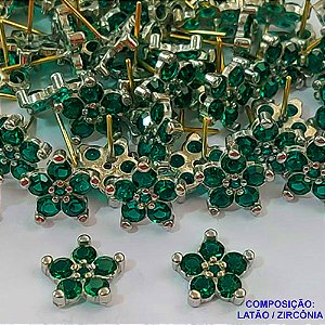 ACESSORIO BRINCO NO BRUTO PRONTO PARA O BANHO - BRINCO DE PINO FORMATO FLOR CRAVEJADO EM ZIRCÔNIA VERDE - TAMANHO 11MM - PESO TOTAL 1,6GR - BRU0001526