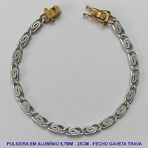 PULSEIRA NO BRUTO PRONTO PARA O BANHO - PULSEIRA EM ALUMÍNIO (A37) - COMPRIMENTO: 25CM - LARGURA 5,7MM - FECHO GAVETA COM TRAVA DUPLA - PESO 6GR - COMPOSIÇÃO: ALUMÍNIO - BRU9624
