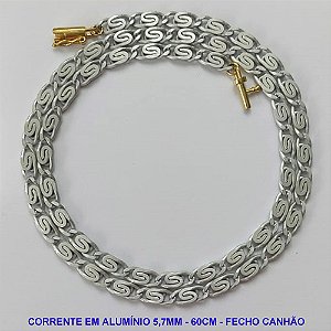 CORRENTE NO BRUTO PRONTO PARA O BANHO - CORRENTE EM ALUMÍNIO (A37) - COMPRIMENTO: 60CM - LARGURA 5,7MM - FECHO CANHÃO COM TRAVA - PESO 11,6GR - COMPOSIÇÃO: ALUMÍNIO - BRU9632