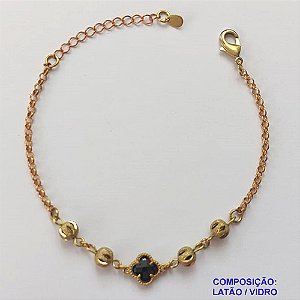 PULSEIRA NO BRUTO PRONTA PARA O BANHO - PULSEIRA TIPO VAN CLEEF COM BOLINHAS VAZADAS E PINGENTE EM VIDRO PRETO - COMPRIMENTO: 17CM - FECHO LAGOSTA + EXTENSOR - PESO 3,4GR - COMPOSIÇÃO: LATÃO / VIDRO - BRU9655