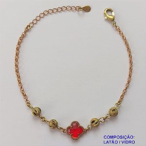 PULSEIRA NO BRUTO PRONTA PARA O BANHO - PULSEIRA TIPO VAN CLEEF COM BOLINHAS VAZADAS E PINGENTE EM VIDRO VERMELHO - COMPRIMENTO: 17CM - FECHO LAGOSTA + EXTENSOR - PESO 3,4GR - COMPOSIÇÃO: LATÃO / VIDRO - BRU9656
