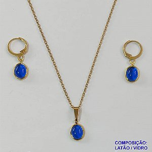 CONJUNTO NO BRUTO PRONTO PARA O BANHO  - GARGANTILHA COM CORRENTE CADEADO DE 45CM - COM PINGENTES E BRINCOS FORMATO GOTA EM VIDROS AZUL 10MM COM ARGOLA DE PRESSÃO (TRANQUETA) - PESO TOTAL: 3,5GR - COMPOSIÇÃO: LATÃO / VIDRO - BRU9676