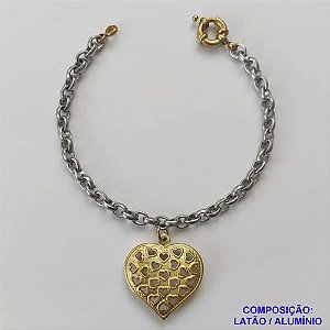PULSEIRA NO BRUTO PRONTA PARA O BANHO - PULSEIRA EM ALUMÍNIO COM PINGENTE CORAÇÃO DUPLO VAZADO 23MM EM LATÃO (156) - COMPRIMENTO: 18CM + EXTENSOR - FECHO BÓIA EM LATÃO - PESO 6,8GR - COMPOSIÇÃO: LATÃO / ALUMÍNIO - BRU9681