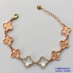 PULSEIRA NO BRUTO PRONTO PARA O BANHO - PULSEIRA COM 8 PINGENTES TIPO VAN CLEEF 15MM - TAMANHO 18CM COM EXTENSOR E FECHO LAGOSTA - COMPOSIÇÃO: LATÃO / VIDRO - PESO 11GR - BRU9699