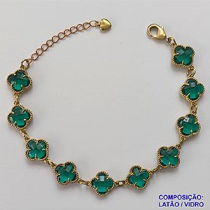 PULSEIRA NO BRUTO PRONTO PARA O BANHO - PULSEIRA COM 10 PINGENTES TIPO VAN CLEEF EM VIDRO VERDE 11MM - TAMANHO 18CM COM EXTENSOR E FECHO LAGOSTA - COMPOSIÇÃO: LATÃO / VIDRO - PESO 9GR - BRU9702