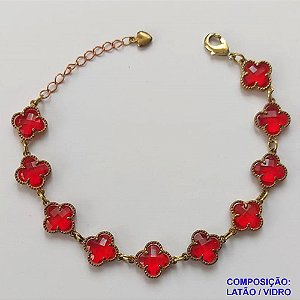 PULSEIRA NO BRUTO PRONTO PARA O BANHO - PULSEIRA COM 10 PINGENTES TIPO VAN CLEEF EM VIDRO VERMELHA 11MM - TAMANHO 18CM COM EXTENSOR E FECHO LAGOSTA - COMPOSIÇÃO: LATÃO / VIDRO - PESO 9GR - BRU9704