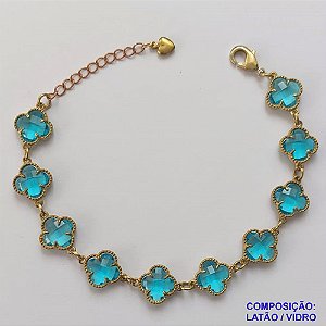 PULSEIRA NO BRUTO PRONTO PARA O BANHO - PULSEIRA COM 10 PINGENTES TIPO VAN CLEEF EM VIDRO AZUL 11MM - TAMANHO 18CM COM EXTENSOR E FECHO LAGOSTA - COMPOSIÇÃO: LATÃO / VIDRO - PESO 9GR - BRU9705