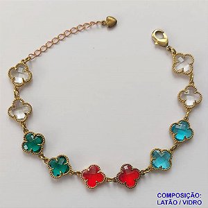 PULSEIRA NO BRUTO PRONTO PARA O BANHO - PULSEIRA COM 10 PINGENTES TIPO VAN CLEEF EM VIDRO COLORIDO 11MM - TAMANHO 18CM COM EXTENSOR E FECHO LAGOSTA - COMPOSIÇÃO: LATÃO / VIDRO - PESO 9GR - BRU9706