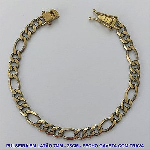 PULSEIRA NO BRUTO PRONTO PARA O BANHO - PULSEIRA 3X1 EM LATÃO (M31188) - COMPRIMENTO: 25CM - LARGURA 7MM - FECHO GAVETA TRAVA DUPLA - PESO 15,4GR - COMPOSIÇÃO: 100% LATÃO - BRU9708
