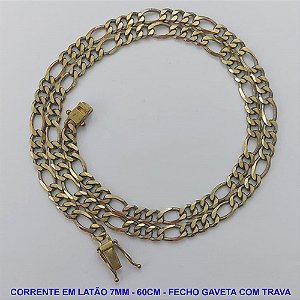 CORRENTE NO BRUTO PRONTO PARA O BANHO - CORRENTE 3X1 EM LATÃO (M31188) - COMPRIMENTO: 60CM - LARGURA 7MM - FECHO GAVETA TRAVA DUPLA - PESO 28,9GR - COMPOSIÇÃO: 100% LATÃO - BRU9709