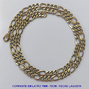 CORRENTE NO BRUTO PRONTO PARA O BANHO - CORRENTE 3X1 EM LATÃO (M31188) - COMPRIMENTO: 70CM - LARGURA 7MM - FECHO LAGOSTA - PESO 31,9GR - COMPOSIÇÃO: 100% LATÃO - BRU9715