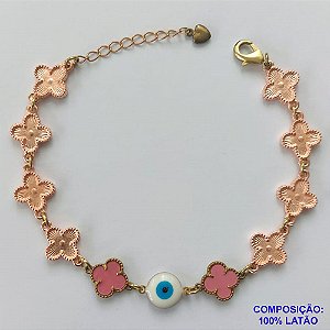 PULSEIRA NO BRUTO PRONTO PARA O BANHO - PULSEIRA COM 10 PINGENTES TIPO VAN CLEEF 11MM E OLHO GREGO NO CENTRO - TAMANHO 18CM COM EXTENSOR E FECHO LAGOSTA - COMPOSIÇÃO: 100% LATÃO - PESO 8,6GR - BRU9719