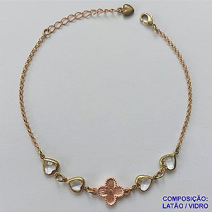 PULSEIRA NO BRUTO PRONTO PARA O BANHO - PULSEIRA TIPO VAN CLEEF 11MM COM 4 PINGENTES CORAÇÕES EM VIDRO CRISTAL - TAMANHO 18CM COM EXTENSOR E FECHO LAGOSTA - COMPOSIÇÃO: LATÃO / VIDRO - PESO 3GR - BRU9728
