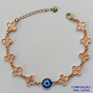 PULSEIRA NO BRUTO PRONTO PARA O BANHO - PULSEIRA COM 10 PINGENTES TIPO VAN CLEEF 11MM E OLHO GREGO NO CENTRO - TAMANHO 18CM COM EXTENSOR E FECHO LAGOSTA - COMPOSIÇÃO: 100% LATÃO - PESO 9,1GR - BRU9731