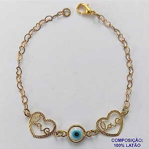 PULSEIRA NO BRUTO PRONTO PARA O BANHO(CX87) - PULSEIRA COM DOIS CORAÇÕES PALAVRA LOVE COM OLHO GREGO - TAMANHO 18CM - PESO 1,4GR - BRU9734