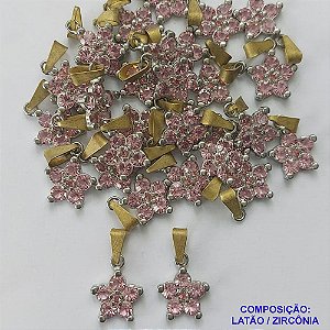PINGENTE NO BRUTO PRONTO PARA O BANHO (CX32) - PINGENTE FLOR EM ZIRCÔNIA ROSA - COMPOSIÇÃO: LATÃO / ZIRCÔNIA - TAMANHO 10MM -  (VENDIDO POR UNIDADE) (MAD) PESO TOTAL 0,9GR - BRU0001567