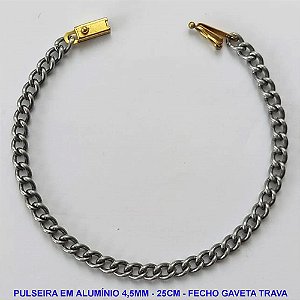 PULSEIRA NO BRUTO PRONTO PARA O BANHO - PULSEIRA EM ALUMÍNIO (A38) - COMPRIMENTO: 25CM - LARGURA 4,5MM - FECHO GAVETA COM TRAVA - PESO 3,4GR - COMPOSIÇÃO: ALUMÍNIO - BRU9739