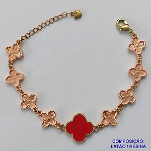 PULSEIRA NO BRUTO PRONTO PARA O BANHO - PULSEIRA COM 8 PINGENTES TIPO VAN CLEEF 11MM E 1 PINGENTE 17MM VERMELHO - TAMANHO 18CM COM EXTENSOR E FECHO LAGOSTA - COMPOSIÇÃO: LATÃO / RESINA - PESO 9,1GR - BRU9744