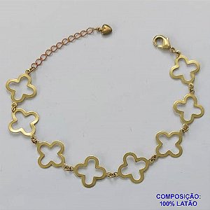 PULSEIRA NO BRUTO PRONTO PARA O BANHO - PULSEIRA COM 8 PINGENTES TIPO VAN CLEEF VAZADOS 14MM - TAMANHO 18CM COM EXTENSOR E FECHO LAGOSTA - COMPOSIÇÃO: LATÃO - PESO 3,1GR - BRU9749