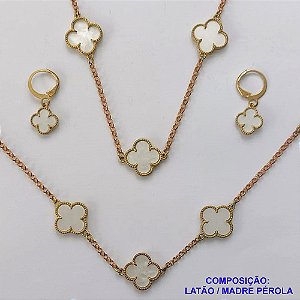 CONJUNTO NO BRUTO PRONTO PARA O BANHO - TIPO VAN CLEEF MADRE PÉROLA (SHOCKER, BRINCO E PULSEIRA) PINGENTE DE 10MM EM MADRE PÉROLA - PESO TOTAL 12,5GR - CORRENTE ELO PORTUGUÊS E FECHO LAGOSTA COM EXTENSOR BRU9752