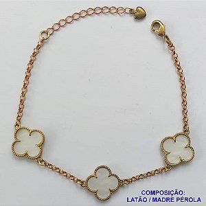 PULSEIRA NO BRUTO PRONTO PARA O BANHO  -  PULSEIRA FEMININA COM 3 PINGENTES TIPO VAN CLEEF 14MM MADRE PÉROLA- TAMANHO 18CM COM EXTENSOR E FECHO LAGOSTA - PESO 4,5GR - BRU9754