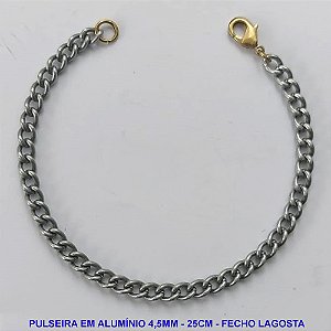 PULSEIRA NO BRUTO PRONTO PARA O BANHO - PULSEIRA EM ALUMÍNIO (A38) - COMPRIMENTO: 25CM - LARGURA 4,5MM - FECHO LAGOSTA - PESO 3,3GR - COMPOSIÇÃO: ALUMÍNIO - BRU9764