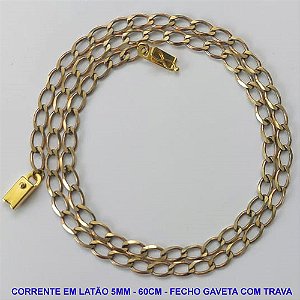 CORRENTE NO BRUTO PRONTO PARA O BANHO - CORRENTE EM LATÃO (M01128) - COMPRIMENTO: 60CM - LARGURA 5MM - FECHO GAVETA COM TRAVA - PESO 14,9GR - COMPOSIÇÃO: 100% LATÃO - BRU9769